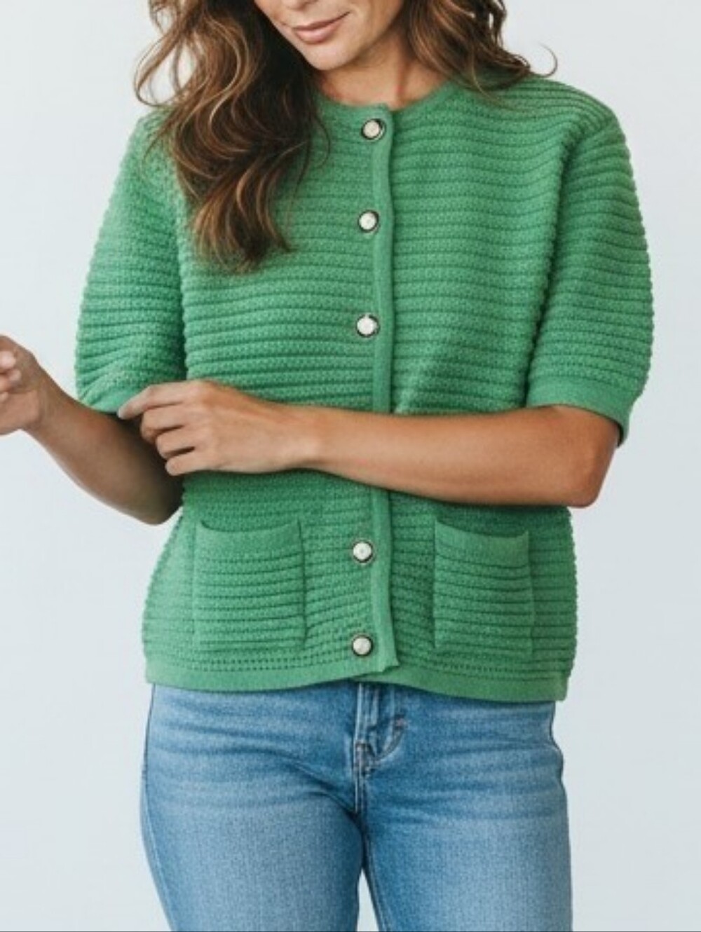 NWOT Joie Green Ribbed Knit Short Sleeve Cardigan Sweater Small, Button/ Pockets